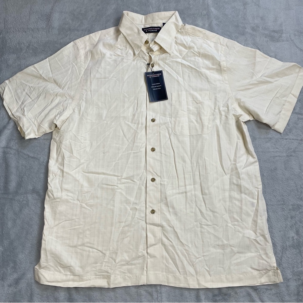 Roundtree & Yorke Shirt Large Men’s NWT Modal Polyester Textured Grid Ecru Cream